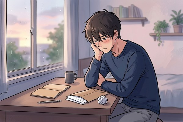 不合格の通知を前にうつむく受験者のイラスト。ランクⅡで落ちた場面