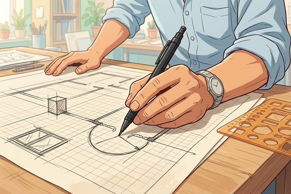 テンプレートを使わずフリーハンドで線を引く手元のイラスト
