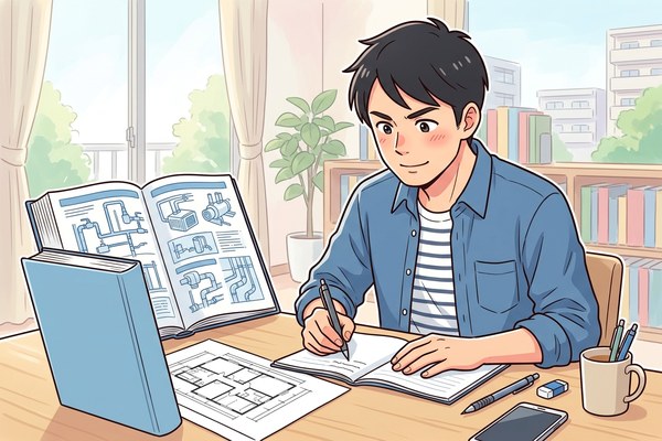 参考書を開いて設備や構造の知識を学び直す受験者のイラスト