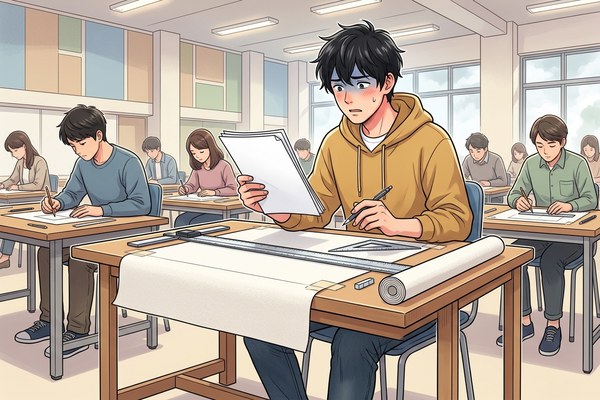 試験中に課題文の見落としに気づいて青ざめる受験者のイラスト