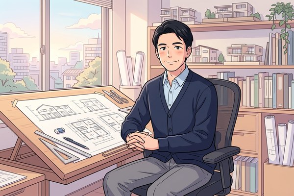 製図板の前で前を向く建築士のイラスト。試験を終えたあとの場面