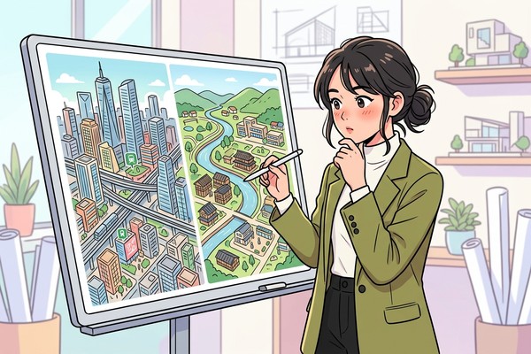 大きな地図の前で大都市と地方都市を見比べる建築士のイラスト