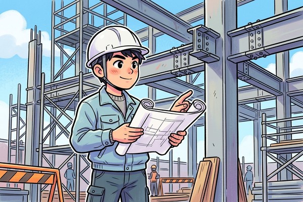 建設中の鉄骨の前で図面と納まりを見比べる構造設計者のイラスト