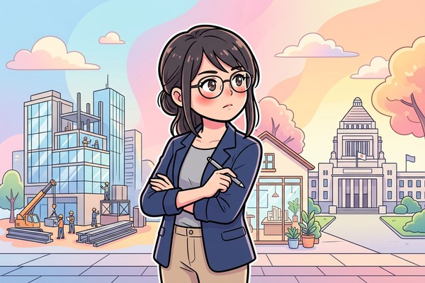 ゼネコン・設計事務所・役所の3つの職場を前に考える建築士のイラスト