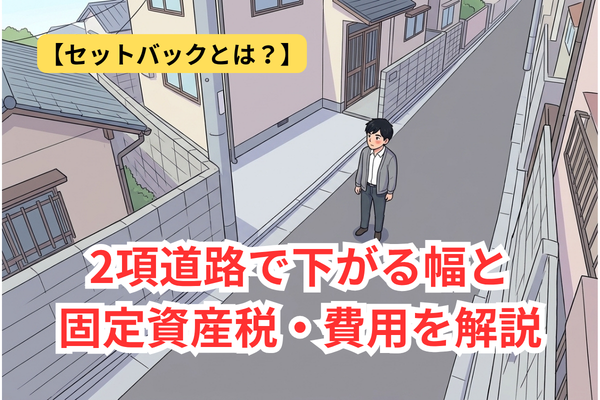 「セットバックとは？2項道路で下がる幅と固定資産税・費用を解説」の文字と、細い路地で塀が後ろに下がった部分を見る建築士のイラスト