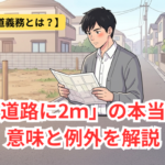 「接道義務とは？『道路に2m』の本当の意味と例外を解説」の文字と、細い道に面した空き地の前で地図を見る建築士のイラスト