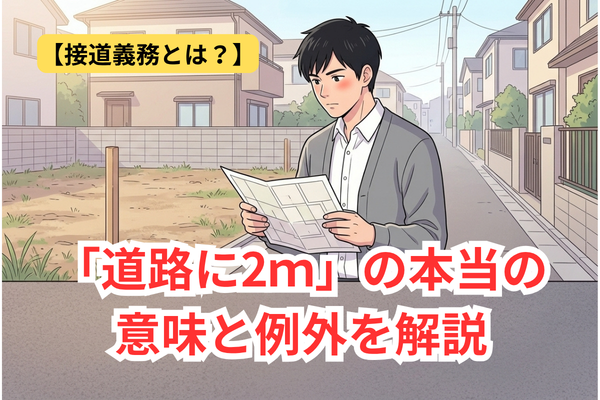 「接道義務とは？『道路に2m』の本当の意味と例外を解説」の文字と、細い道に面した空き地の前で地図を見る建築士のイラスト