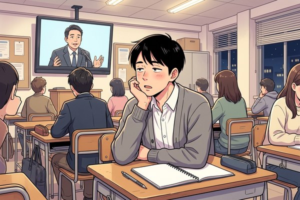 資格学校の教室で、録画の講義ビデオを見る受験者のイラスト