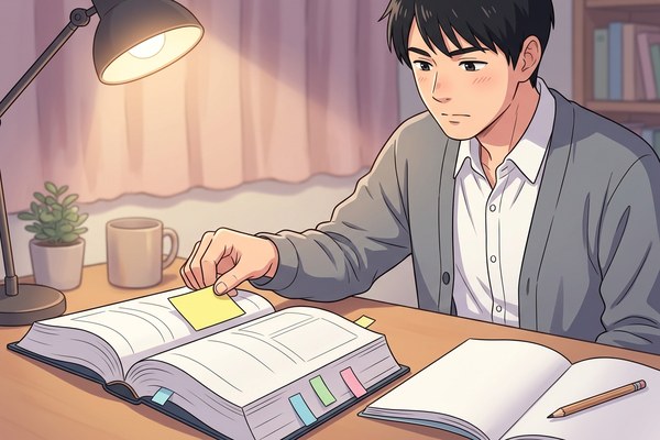 過去問を解きながら、引いたページに法令集のインデックスを一枚ずつ貼るイラスト