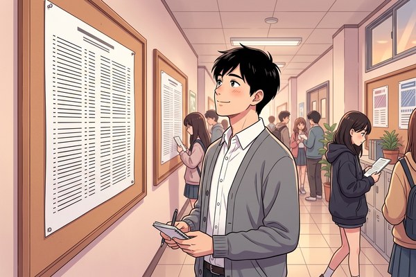 模試の順位の貼り出しを見て、静かにほほえむ受験者のイラスト