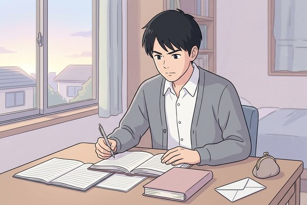 早朝の机で、過去問に向かう受験者のイラスト