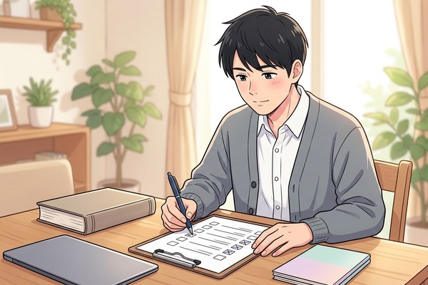 チェックリストに印をつけながら、自分に合う学び方を考える受験者のイラスト