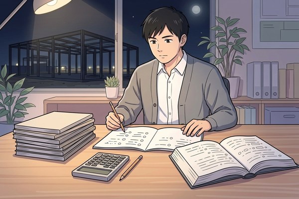 正答率を記録したノートと過去問集に向かう受講者のイラスト