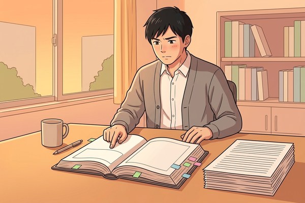 修了考査のあと、テキストに答えが書いてあったと気づいてくやしがる受講者のイラスト