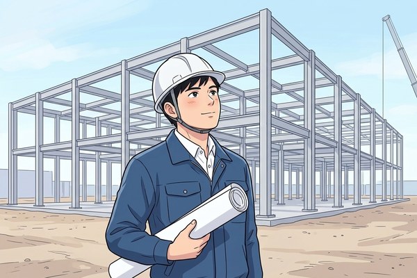 建設中の工場の鉄骨の骨組みを見上げる構造設計者のイラスト