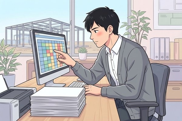 出力する前に、計算ソフトの画面でNGがないか確かめる構造設計者のイラスト