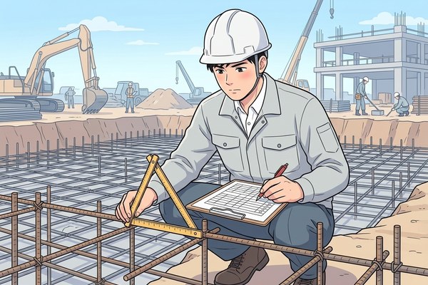 基礎の配筋検査で、折り尺を当てて鉄筋を確かめる構造設計者のイラスト