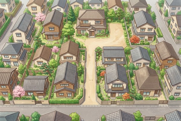 細い通路の奥に家が建つ、旗竿地の形が分かる住宅地のイラスト