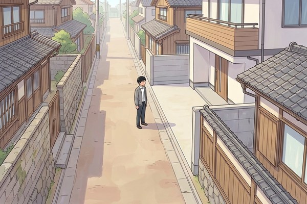 建て替えた家だけが後ろに下がって建ち、道が少し広くなっている路地のイラスト