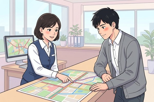役所の窓口で、地図を見ながら道路の種類を確かめる人のイラスト