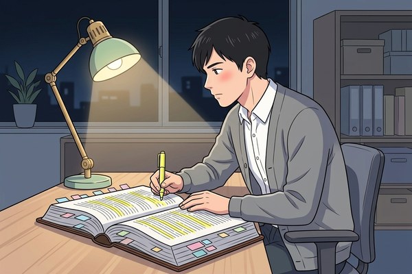 法令集の数字に黄色の蛍光ペンを引く、受験生時代のイラスト