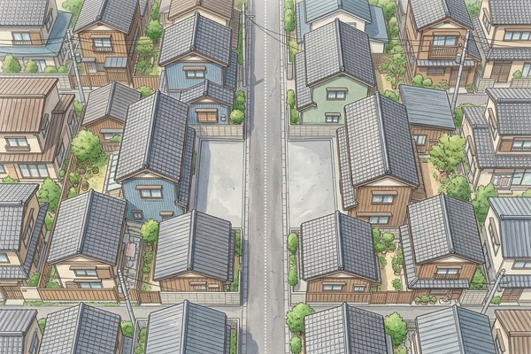 路地の中心線から両側の家が同じだけ下がり、道が広がっている住宅地のイラスト