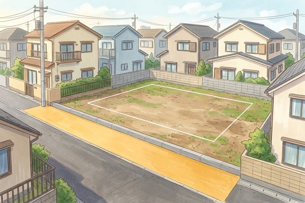 道路側の細長い部分が道として舗装され、残りの敷地に家の形の線が引かれた空き地のイラスト