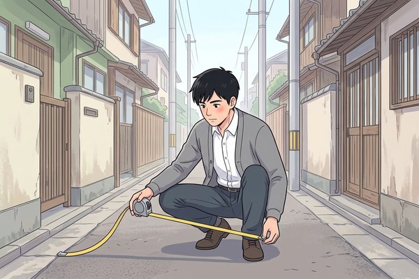 細い路地で巻尺を使って道の幅を確かめる人のイラスト